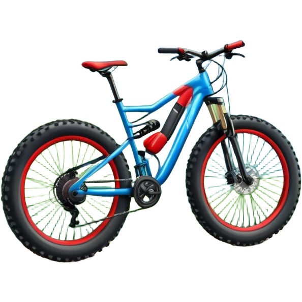 The background showcases majestic mountains, lush green valleys, and a bright blue sky with fluffy clouds. The sun casts warm light over the landscape, emphasizing the beauty of outdoor cycling. a mountain bike standing on a scenic trail.  emoji