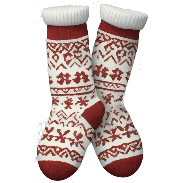 A pair of white cozy, patterned sock with a Nordic design emoji