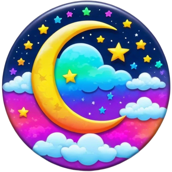 Beveled button with Neon rainbow colored damask style full moon with stars and clouds in the center emoji