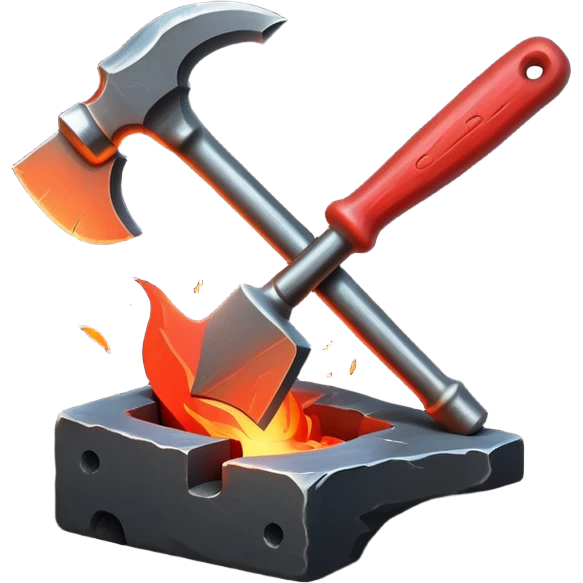 Blacksmithing icon, forged metal piece being shaped with hammer and anvil, glowing red-hot metal, blacksmith tools like tongs and chisel, sparks flying, minimalistic style, clean lines emoji