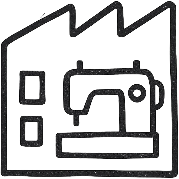 Google Material Design icon for 'Sewing Workshop Rental' illustrating a simple factory building or minimalist sewing machine inside a building emoji