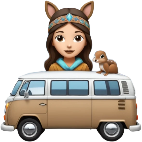 A parked VW bus painted white and black and filled with different 3d crystals and 3d crystals secured to roof surrounded by winter scenery with squirrels, birds, rabbits, wolves and driven by a brunette hippie with headband emoji