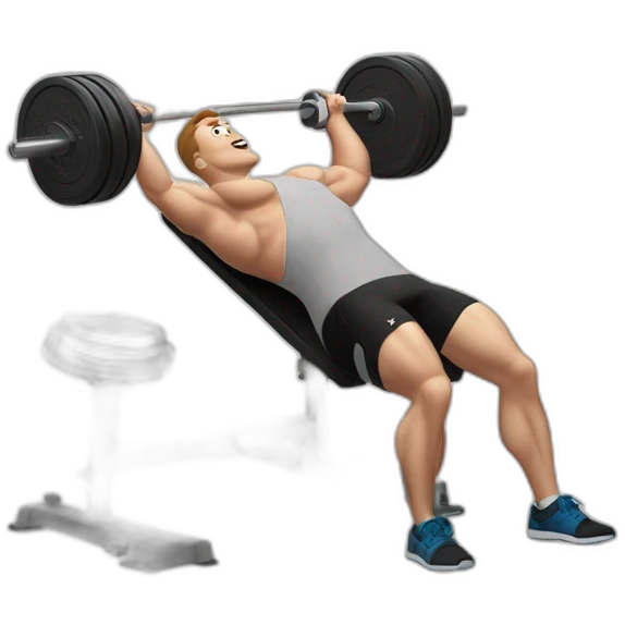 white man on a weightlifting bench, using portable computers as dumbbells instead of traditional weights, while he performs a bench press exercise with enthusiasm emoji