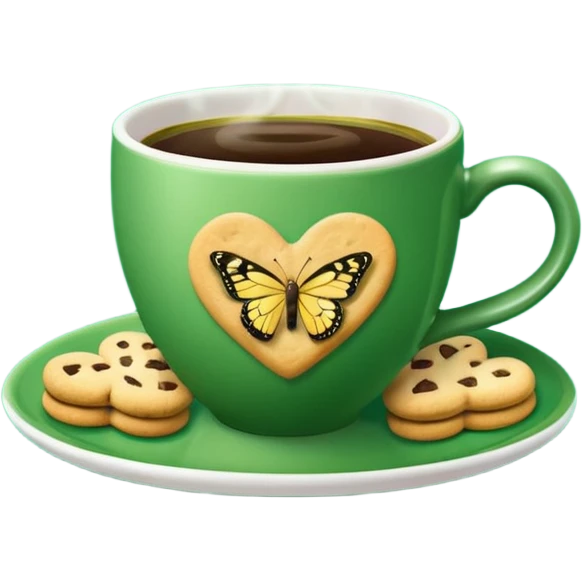 A green coffee cup, steaming in a heart shape, has a yellow butterfly print on it. The cup sits on a green saucer surrounded by cookies. emoji