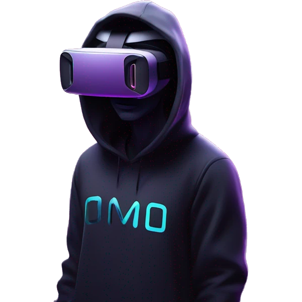 Ilon Mask wearing a black hoodie with "OMG" letters on it and VR headset oculus quest 2 in a cyberpunk VR environment with violet neon lighting. emoji
