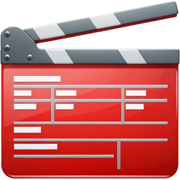 Glossy bright red clapperboard in the classic style of Apple icons: the top bar is tilted up-left, the body and bar with a deep glossy glare, dark gray edging, black background inside, perfectly square with rounded corners. emoji