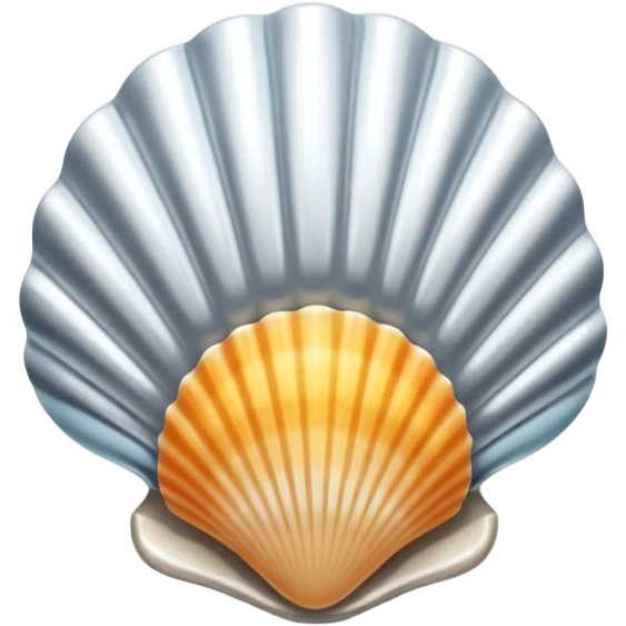 A seashell emoji made of polished silver chrome, smooth curved surface, reflective metallic highlights, elegant minimal design, iOS emoji style, centered, clean white background, soft lighting emoji