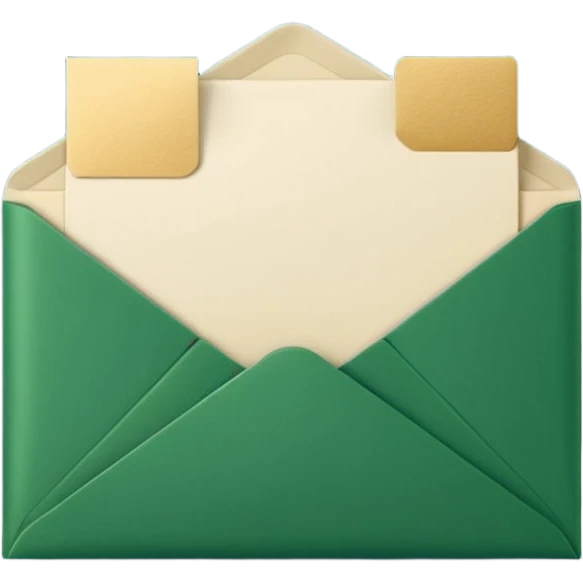 3D minimal open envelope with paper sliding out, matte finish, deep green (#0B3D2C) envelope, cream (#F5F5DC) paper, subtle gold (#C9B037) edge, Apple style, ultra clean, soft shadow, transparent background emoji