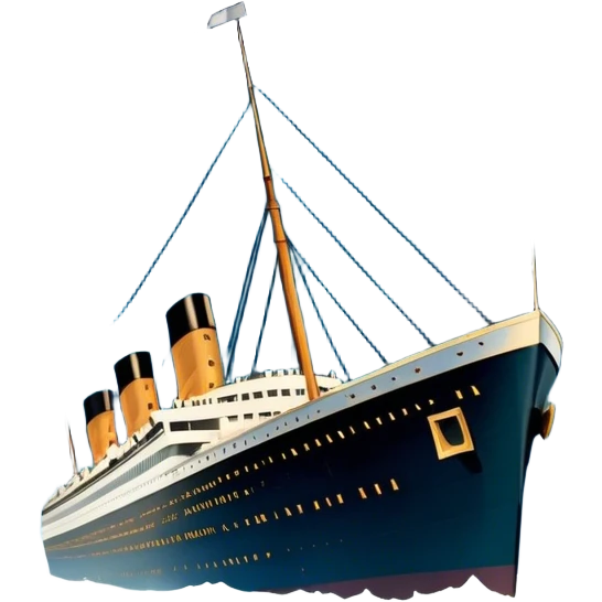 Icon for Titanic Movie: A vintage movie poster-style design featuring a dramatic scene of the ship, the iceberg, and a romantic silhouette of the main couple. Include elements like the ship’s bow, water splashes, and a starry sky in the background. Retro cinematic feel. Transparent background. emoji