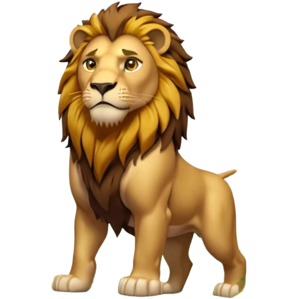 3D cartoon style, vertical 9:16. A dense green jungle with tall trees, morning sunlight beams through leaves, light fog. In the center stands a 5.5 ft strong muscular lion with golden fur, dark brown mane, amber eyes, light battle scars, no clothes, calm expression emoji