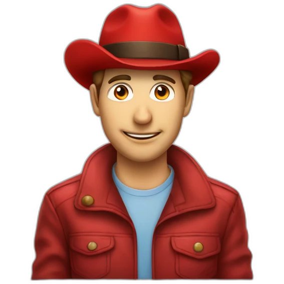 Un uomo con dei baffi e un cappello rosso con incisa una M emoji