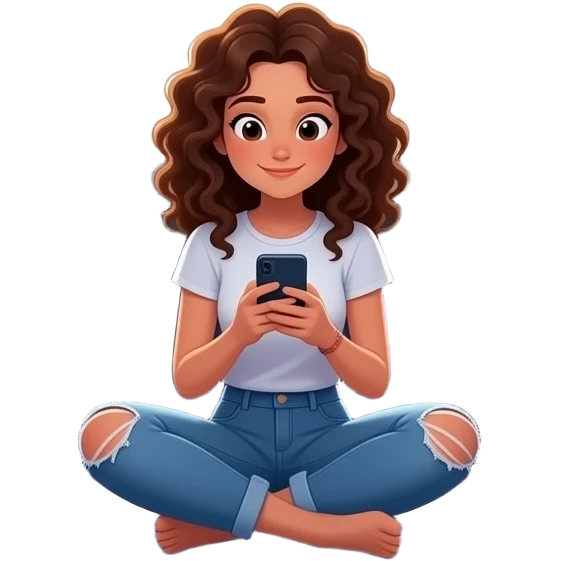 adolescente mujer morena que usa jean roto, pelo con rulos,sentada en el piso de una habitación desordenada, con ventana medio cerrada, colores oscuros, poster de musica en la pared,fotos con amigas,en el centro de una habitación, usando el celular,elementos que representen: música,  alimentación emoji