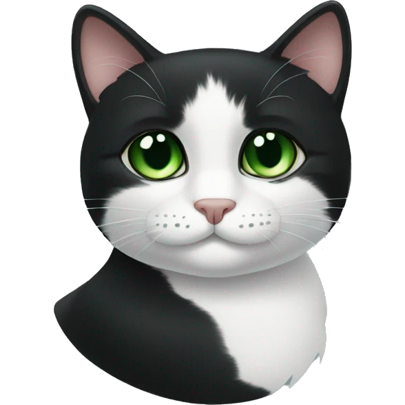 A black cat with green eyes with a black face, little white chin, with a thin white stripe on the nose on the right side, with a white breast and white paws emoji