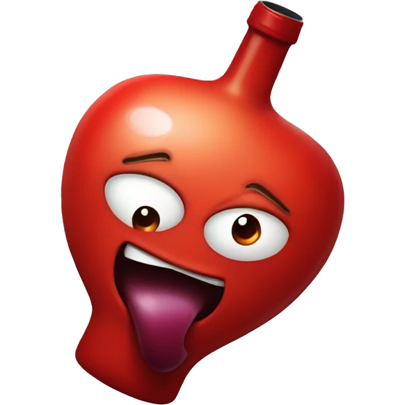 A red ❤️ hearth with eyes and a mouth, looking tipsy and wobbly, holding a wine bottle in one hand, with a playful and drunken expression, surrounded by a soft, blurred background emoji