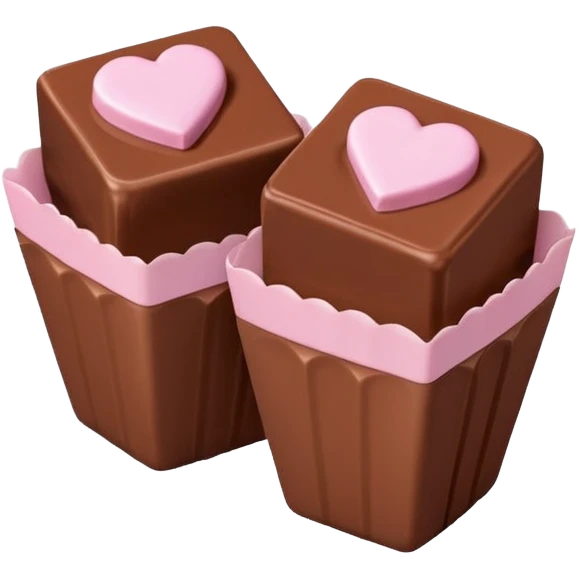 Two square milk chocolate pralines, Each praline is a sharp-edged cube with smooth glossy chocolate coating, placed in a small white fluted paper candy cup. On top of each cube is a flat pastel pink heart-shaped icing emoji