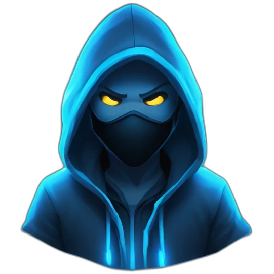 developer behind his laptop with the style of Riot Games Valorant neon blue eyes glowing bright blue character blue black hooded assassin themed character emoji
