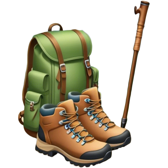 Icon for Hiking: a pair of hiking boots, a backpack, a walking stick, and a mountain trail surrounded by trees. The icon should capture the adventure and serenity of hiking in nature. Transparent background. emoji