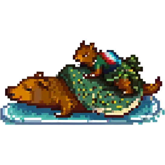 a capybara surfing on a crocodile, pixel art style emoji