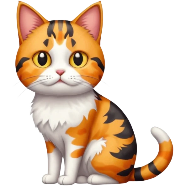 full body colourful calico tabby cat with skinny head and fat body with an anxious face emoji
