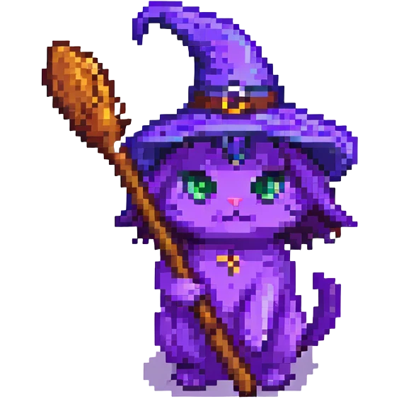 purple witch cat with broom pixel art emoji