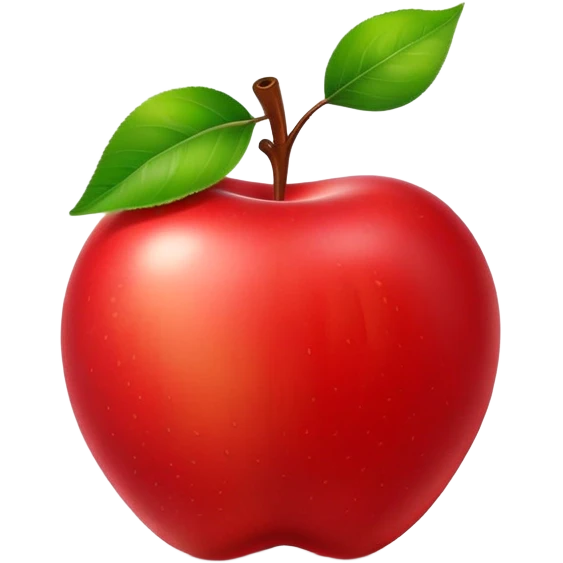 The image shows a bright red, glossy, and plump apple that looks fresh and delicious. A large bite has been taken out of the right side, revealing the juicy. At the top of the apple, the stem is still attached along with a fresh green leaf, adding a natural and lively touch. The pure white background makes the vibrant red color and the round shape of the apple stand out even more. emoji
