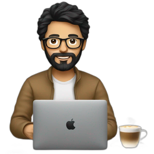 Designer with black hair, beard and glasses working with MacBook and drinking cappuccino  emoji