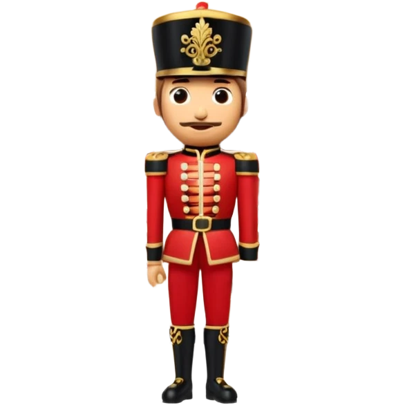 3D emoji of a majestic
Nutcracker soldier standing in front of a stylized Bolshoi Theatre facade. Snowy winter atmosphere, theatrical gold and red colors. High-quality 3D render, glossy plastic and wood textures, isolated on a white background. emoji