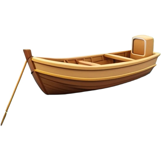 A 3D cartoon small boat floating on estuary water, with nearby reeds and horizon in view, bright lighting, Memoji-style. emoji