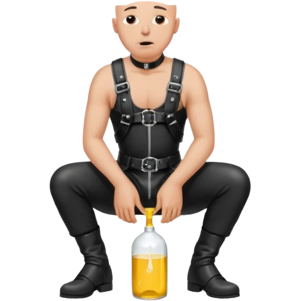 submissive bald man on his knees in a black leather harness standing man in leather, pouring piss down his throat emoji
