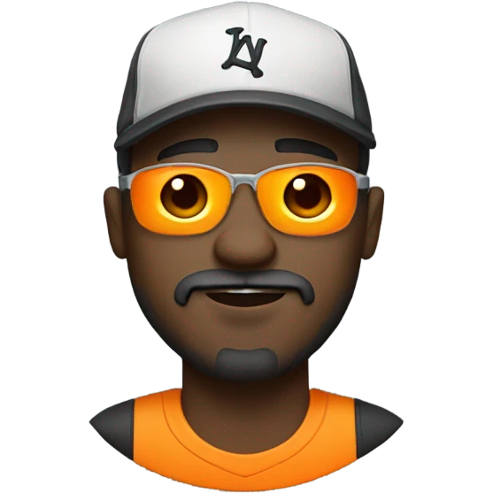 Black man in shades with a goatee, beard, mustache, and orange tee shirt with baseball cap. emoji