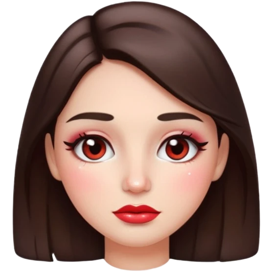 “Emoji brunette girl, dewy skin, heavy blush across cheeks and nose bridge, glossy cherry lips, soft eyeliner, teary sparkling eyes emoji