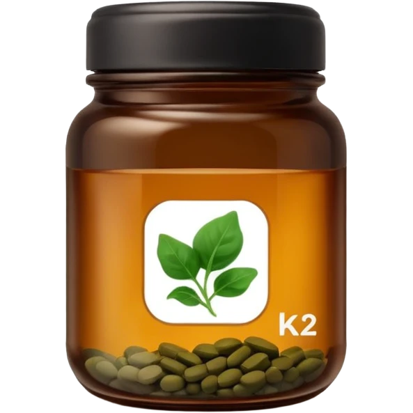 brown glass jar of supplements with white label, black thin title K2 and small spinach emoji emoji