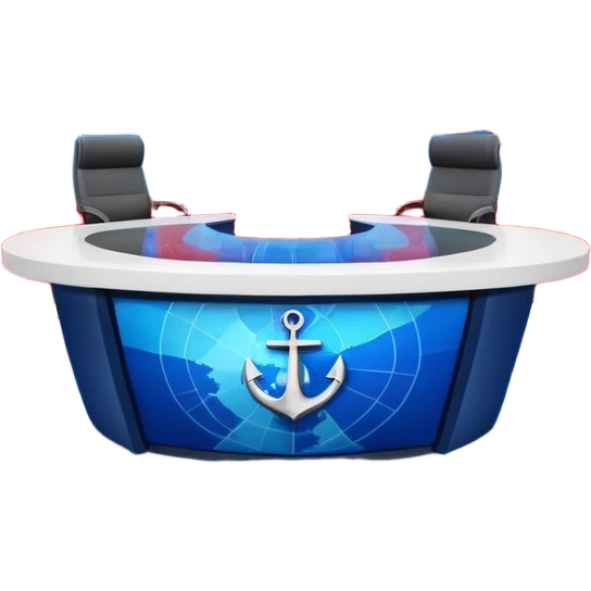 Professional news TV studio interior, modern anchor desk in center, large curved LED screen wall behind presenter, abstract global map graphics, blue dominant colors with red accents, symmetrical composition, broadcast-quality lighting, realistic 3D studio render emoji