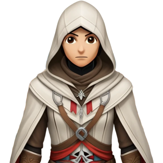 icon featuring Assasin's Creed in an iconic assassin's hood, standing tall against the backdrop of Florence. The design captures the essence of adventure, with intricate details of historical architecture and a sense of mystery. The character is poised, ready for action. transparent background. emoji