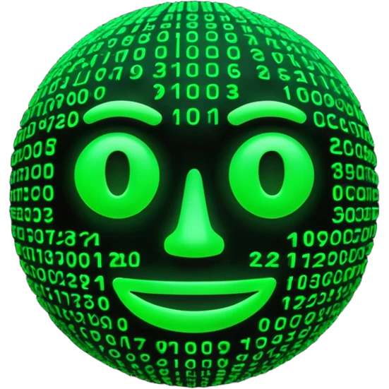 Futuristic 3D emoji made of glowing green Matrix code, digital rain background, cyberpunk neon glow, dark black backdrop, minimalist rounded face, high contrast, cinematic lighting, ultra-sharp, high resolution. emoji