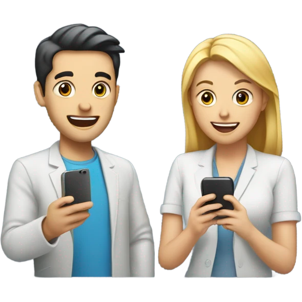 two friends talking on smartphone showing charts emoji