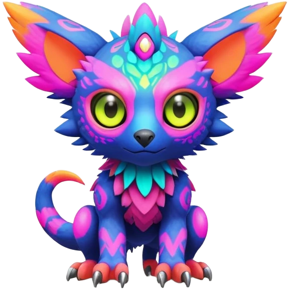 Tropical futuristic lush warm-colored colorful neon-colored cyber-Fakémon-Digimon-Trico-creature emoji