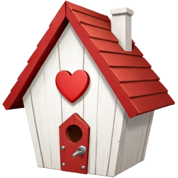 a birdhouse with a normal circular hole and a red roof with the rest white and a heart at the top but below the roof emoji