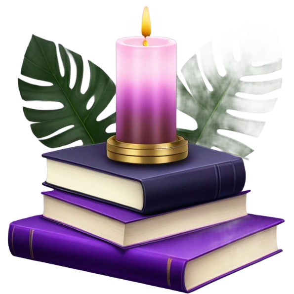 An elegant still life featuring a stack of light and dark violet books, a pink monstera plant, and a brass candle holder. emoji