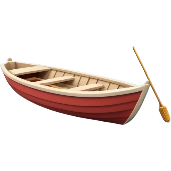 A 3D cartoon small boat floating on estuary water, with nearby reeds and horizon in view, bright lighting, Memoji-style. emoji