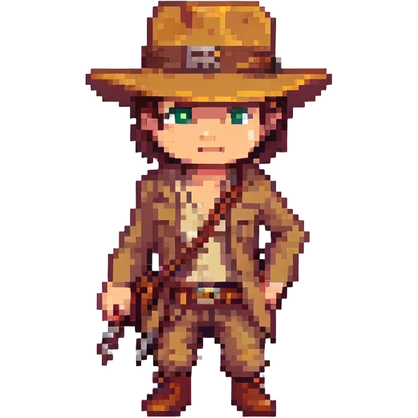 Indiana Jones pixel art, iconic hat and whip, exploring a temple, retro video game style emoji