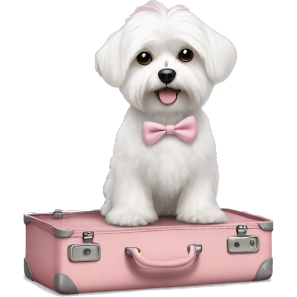 Maltese dog in a light pink bag standing on a suit case  emoji