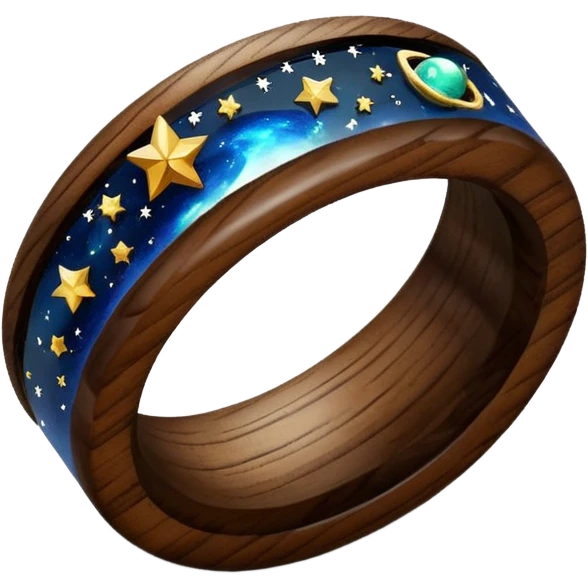 dark wood ring with epoxy resin in space and stars motifs crystal emoji