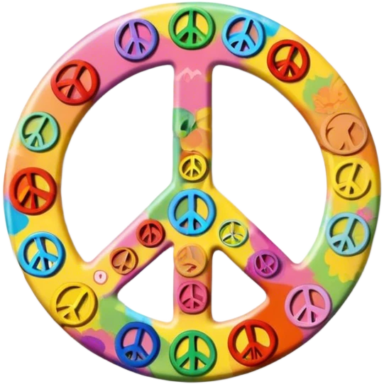 A round hippie colored button with a peace sign in the center emoji