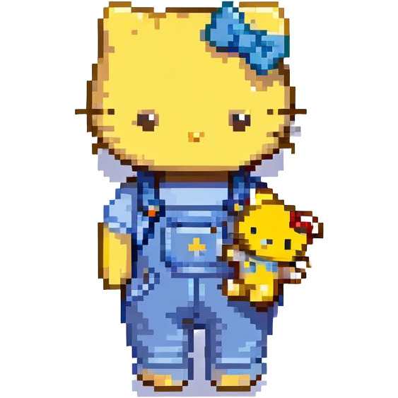 Hello Kitty, holding a small yellow teddy bear, blue overalls, minimal details emoji