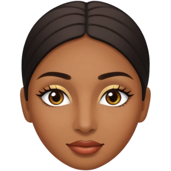 Dark olive skin, center rised eyebrows, very light smile so that lips are very close to liner and horizontal, some how liner eyes emoji