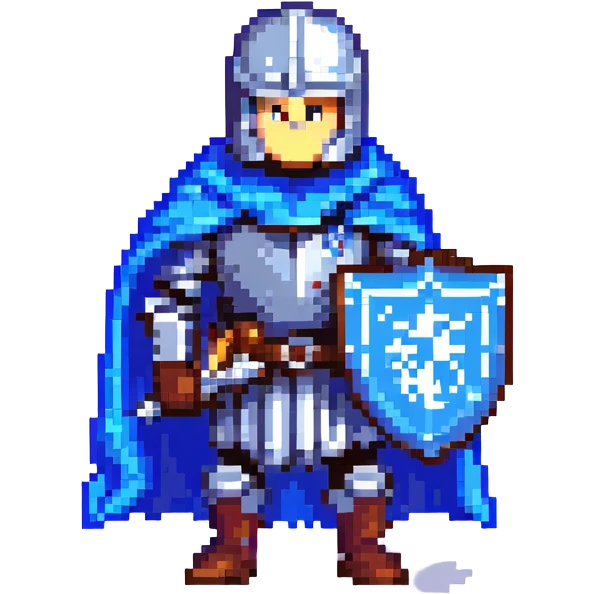 pixel art knight with blue cape, holding a gray iron sword and a blue iron shield emoji