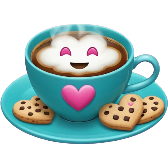 cup of coffee, steaming, the smoke should come out in the shape of a heart, the color of the cup is fuchsia, the cup has a happy face printed on it, the cup rests on a turquoise blue plate, and there are cookies and sugar cubes around the cup. emoji