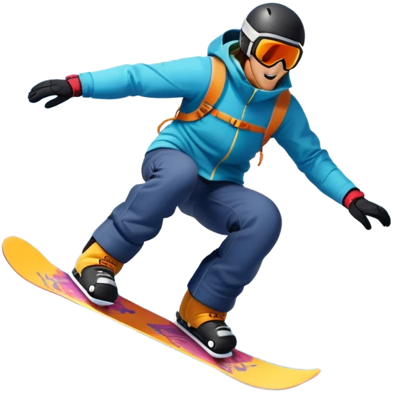 An icon showing a snowboarder performing an exciting jump on a snow-covered slope. The background features towering mountains, snow-covered trees, and a bright, clear sky. Transparent background highlights the speed, agility, and thrill of snowboarding. emoji