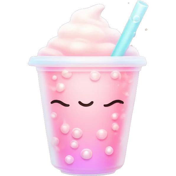 Classic Bubble Tea "A pastel pink bubble tea cup with a glowing surface, filled with swirled milk tea, floating shiny tapioca pearls, and a soft gradient straw surrounded by sparkles." emoji